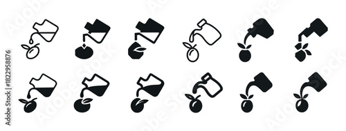 Black and white icons of hands watering plants with spout and watering can