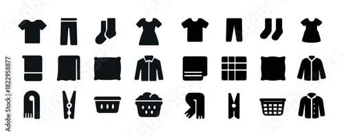 Set of clothing and laundry icons including shirts, pants, socks, and baskets