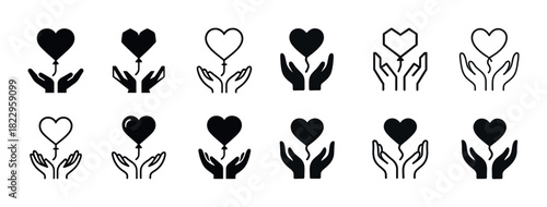 Hands holding heart balloons icon set: love, care, diversity in black and white