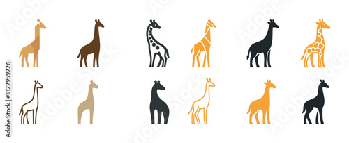 Colorful giraffe silhouettes in various art styles on white background