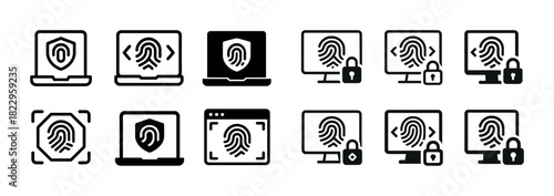 Fingerprint security icons: diverse devices with locks illustrating digital protection