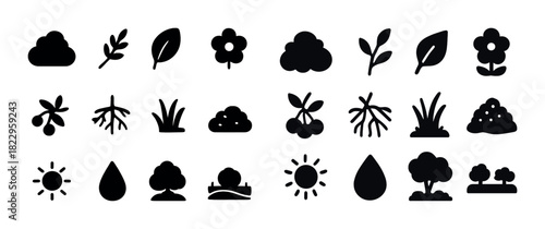 Collection of nature symbols: clouds, leaves, flowers, trees, sun, water drops