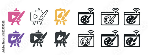 Creative art icons set: easel, paintbrush, palette, video, wi-fi in various colors