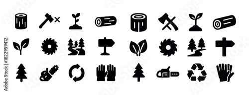 Collection of nature and woodworking icons: trees, tools, and recycling symbols