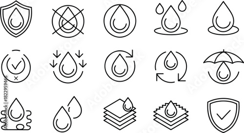Waterproof Material Properties and Liquid Protection Icons