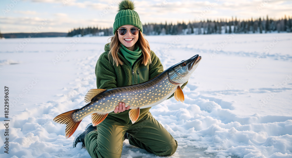 Obraz premium Happy woman holding a large northern pike catch from ice fishing. Young female angler kneeling in the snow on a frozen lake in a winter landscape