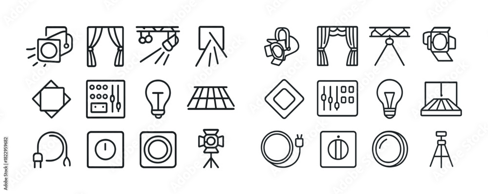 Naklejka premium Line art icons of lighting and stage equipment for events and photography