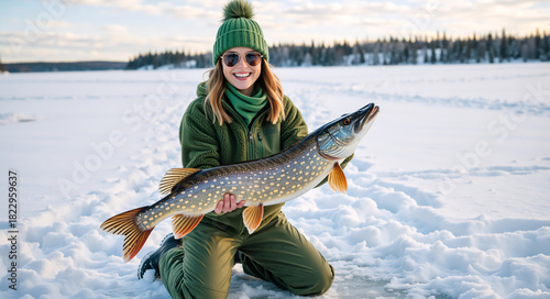 Happy woman holding a large northern pike catch from ice fishing. Young female angler kneeling in the snow on a frozen lake in a winter landscape