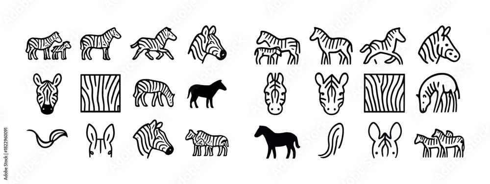 Obraz premium Diverse zebra icons and silhouettes collection