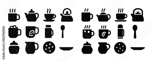 Silhouette collection of tea and coffee icons with cups and teapots