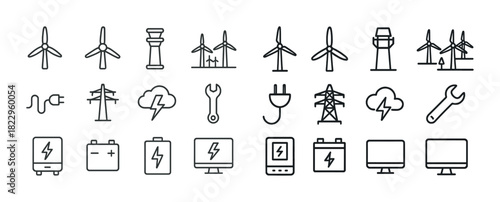 Set of energy and technology icons featuring wind turbines and power tools