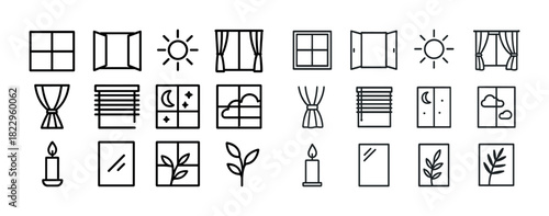 Minimalist home decor icons: windows, curtains, blinds, and nature elements
