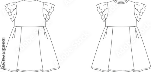 Girls dress flat sketch, short layered ruffle sleeve design, fitted bodice flared skirt, round neckline apparel template, fashion garment illustration