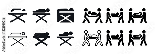 Emergency medical icons: stretcher and paramedic figures in black and white