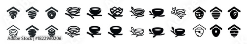 Collection of minimalist bird nests and birdhouse icons in black and white