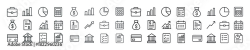 Financial and business icons set with charts, graphs, and documents