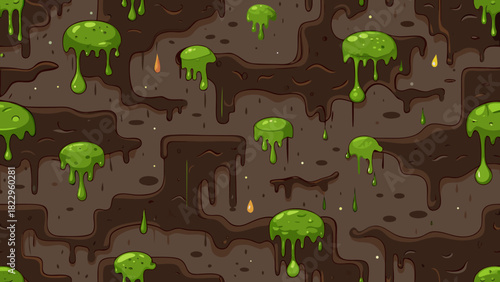 Seamless, cartoon, horizontal background of sticky, dripping green slime on a dark brown, muddy terrain or dirt cave pattern. Ideal for game textures, web design, or spooky graphic elements.