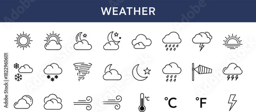 Weather forecast line icons set, minimal climate symbols, sun rain cloud storm wind temperature outline graphics for meteorology design