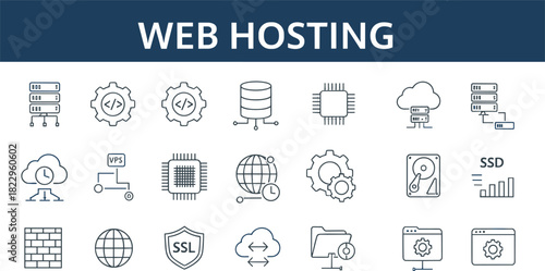 Web hosting icons, server technology, cloud computing, database, firewall, SSL, VPS, coding gear, browser, SSD, vector design, digital service