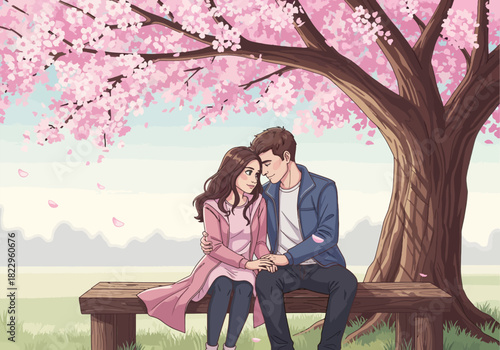 Romantic Couple Under Sakura Tree Vector Landscape – Pink Cherry Blossom Park Scene