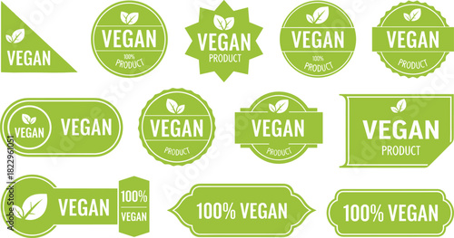 Vegan labels, eco badges, organic product icons, green certification stickers, healthy plant-based symbols for packaging, natural food branding design set