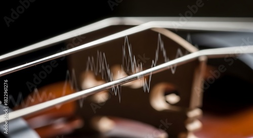 Close up abstract view of a violin bow creating a sound wave pattern on its strings