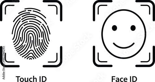 Touch ID and Face ID biometric security icons, fingerprint scan and facial recognition symbols for authentication, privacy, digital access, smart technology