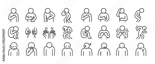 Simple outline illustrations of various human actions and reactions