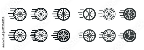 Set of bicycle wheel icons showing motion in black and gray