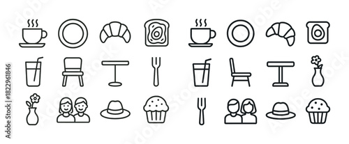 Café icons: coffee, pastries, dining utensils, people