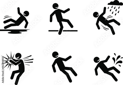 Slipping and falling hazard icons, safety accident silhouettes, danger warning symbols for workplace risks, injury prevention illustrations, caution signage set