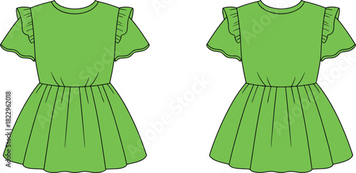 Girls dress flat sketch, short ruffle sleeve design, fitted bodice gathered skirt, green fashion template, apparel illustration garment technical drawing