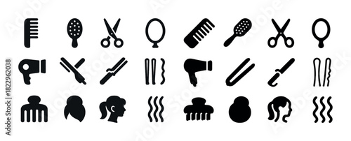 Collection of hair styling icons including combs, scissors, and hair dryers