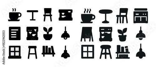 Coffee shop icons: cups, tables, plants, and furniture