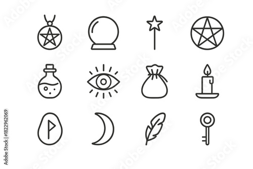 Mystical Charm Icons. Mystical charm icons. Line outline icon set of mystical charm icons: amulet, crystal