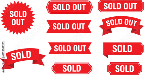 Red sold and sold-out labels collection, bold sale announcement badges, promotional stickers for retail marketing, discount signage and product availability alerts