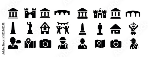Set of black icon illustrations: buildings, people, monuments, cameras