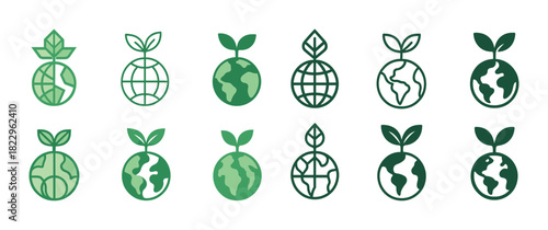 Green earth icon set featuring globes with leaves highlighting environmental themes
