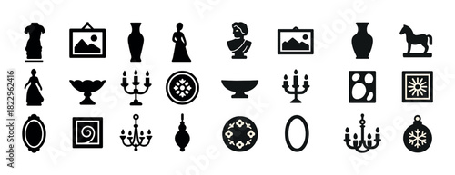 Artistic icons collection: statues, vases, and chandeliers in various styles
