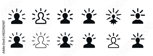 Silhouette icons with radiating lines: creativity and innovation concepts