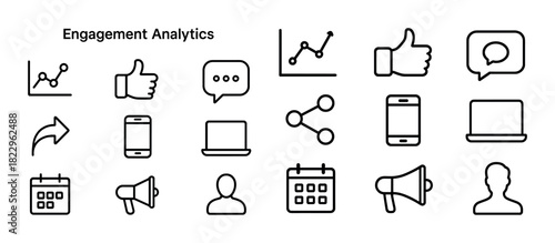 Engagement analytics icons: graphs, thumbs up, chat bubbles, devices, and more