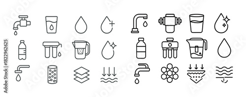 Water filtration icons set: faucets, filters, droplets, purifiers, bottles