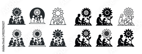 Silhouettes of families interacting with sunflowers - floral connection icons