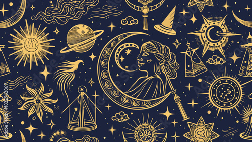 Mystical gold and navy blue seamless pattern with celestial, alchemical, and esoteric symbols. Detailed engraving of suns, moons, planets, constellations, and magical elements. Tarot, astrology, and o