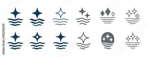 Set of nautical symbols with stars and waves in various designs and colors