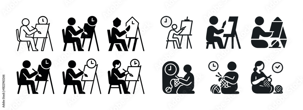 Obraz premium Set of icons depicting drawing and knitting activities with time management theme