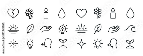 Minimalist nature and wellness icons: heart, flower, candle, water drop, sun, leaf, light bulb