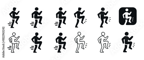 Running motion icons collection: black and white silhouettes and outlines