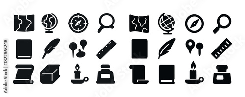 Vintage exploration icons: map, globe, compass, books, quill, candle, inkwell