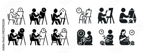 Set of icons depicting drawing and knitting activities with time management theme
